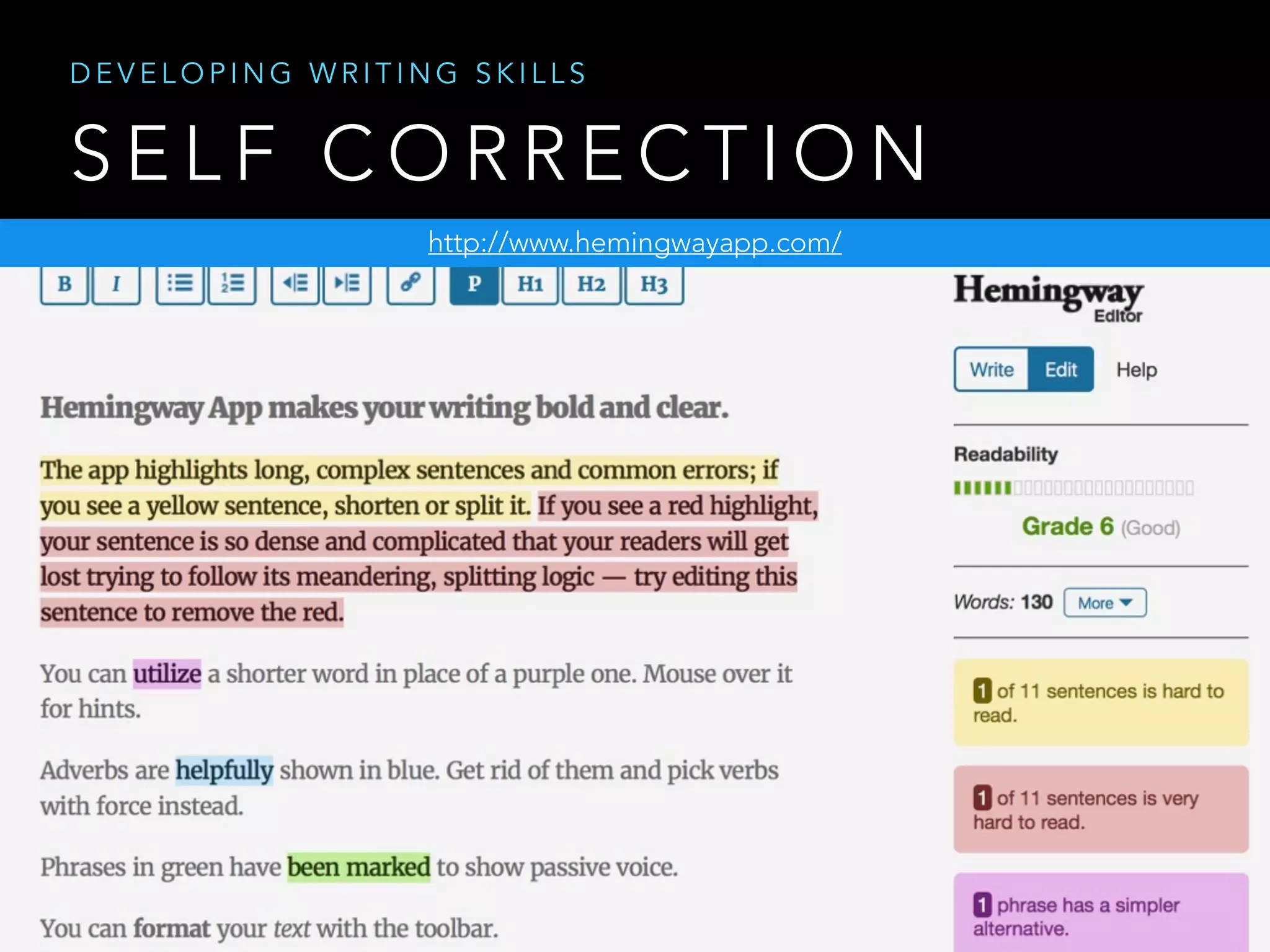 S E L F C O R R E C T I O N
http://www.hemingwayapp.com/
D E V E L O P I N G W R I T I N G S K I L L S
 