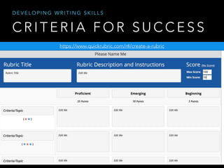 C R I T E R I A F O R S U C C E S S
https://www.quickrubric.com/r#/create-a-rubric
D E V E L O P I N G W R I T I N G S K I L L S
 