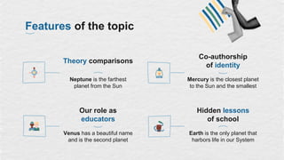 Features of the topic
Theory comparisons
Neptune is the farthest
planet from the Sun
Co-authorship
of identity
Mercury is the closest planet
to the Sun and the smallest
Our role as
educators
Venus has a beautiful name
and is the second planet
Hidden lessons
of school
Earth is the only planet that
harbors life in our System
 