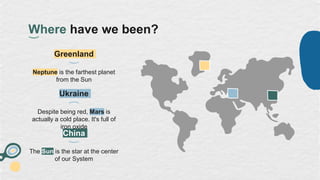 Where have we been?
Greenland
Neptune is the farthest planet
from the Sun
China
The Sun is the star at the center
of our System
Ukraine
Despite being red, Mars is
actually a cold place. It's full of
iron oxide
 