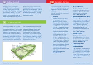 4        Getting Support                                                                             6       Consultant Services

    The ECB Funding and Facilities                      Funding and planning permission are             If the appropriate skills are not available     2   Structural Engineer
    Unit (FFU) should be your first point               two important hurdles in the preparation        within the project team, you may need
                                                                                                                                                            Structural engineers design and
    of call for advice. You should make                 and design stages of a project. The ECB         to engage the services of specialists,
                                                                                                                                                            calculate the building structure and
    contact with the FFU during work stage              Regional Funding and Facilities Manager         as follows:
                                                                                                                                                            foundations. They sometimes also
    A, as outlined in section 8, and show               will assess the proposals for technical
                                                                                                        Building Projects (including renovation             design below ground drainage.
    them your project (refer to contacts                compliance, sports development and
                                                                                                        and refurbishments)                                 Refer to www.istructe.org
    page 13). Consulting the ECB at the                 financial affordability.
    earliest opportunity allows their input to                                                          1       Architect                               3   Mechanical and Electrical (M&E)
    be more valuable.                                                                                                                                       Services Engineer
                                                                                                                Architects design new buildings,
                                                                                                                the spaces around them and                  M&E services engineers design and
                                                                                                                alterations to existing buildings.          coordinate the services of buildings
       5       Local Communities                                                                                They also advise on the restoration         including gas, electricity, heating,
                                                                                                                and conservation of old buildings,          lighting, ventilation, water and
                                                                                                                layouts for groups of buildings             renewable energy. They sometimes
    Good communication with the local                   club arranged temporary contractor’s
                                                                                                                and most of what is referred to as          also design the drainage. They
    community is important. Potentially it              access through adjacent land which
                                                                                                                the built environment. They liaise          calculate the proposed energy use
    could lessen objections to your planning            made larger deliveries possible and
                                                                                                                with current users, clients, and            of the buildings.
    application and help towards a smooth               shortened the construction period.
                                                                                                                construction specialists and their          Refer to www.cibse.org
    relationship with neighbours before,                Good links with the local community
                                                                                                                designs take account of information
    during and after construction. People               also provides the opportunity to make                                                           4   Quantity Surveyor
                                                                                                                about cost, safety and social
    can be sensitive to change so it’s                  contact with new members. One way of
                                                                                                                factors from other specialists in           Quantity surveyors measure,
    worth finding ways to keep neighbours               communicating is to develop a master
                                                                                                                the team. They advise clients on            estimate and advise on the cost of
    informed. This could have surprising                plan of the site inclusive of all your future
                                                                                                                the practicality of building projects       the designs produced by architects,
    and beneficial results, for example one             plans (see example below).
                                                                                                                and seek permission and approval            structural engineers and services
                                                                                                                to see if the proposals can be put          engineers. www.RICS.org
                                                                                                                into practice. Once building starts
                                                                                                                                                        5   Construction Design
                                                                                                                they can coordinate and administer
                                                                                                                                                            Management
                                                                                                                the building contract through
                                                                                                                                                            (CDM) Coordinator
                                                                                                                to completion. Refer to RIBA
                                                                                                                Commissioning Architecture leaflet          CDM coordinators advise clients on
                                                                                                                and website                                 health and safety issues, risks and
                                                                                                                www.architecture.com/                       the competency of the design team.
                                                                                                                UseAnArchitect.                             This is applicable across all project
                                                                                                                                                            themes. They must be appointed by
                                                                                                                                                            work stage C/ concept design, as
                                                                                                                                                            outlined in section 8.




4   Developing a Project – From Concept to Completion                                                                                                          Developing a Project – From Concept to Completion   5
 