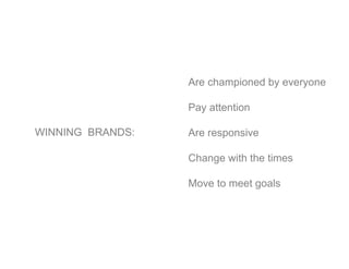 Are championed by everyone

                  Pay attention

WINNING BRANDS:   Are responsive

                  Change with the times

                  Move to meet goals
 