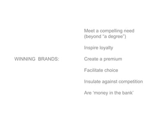 Meet a compelling need
                  (beyond “a degree”)

                  Inspire loyalty

WINNING BRANDS:   Create a premium

                  Facilitate choice

                  Insulate against competition

                  Are ‘money in the bank’
 