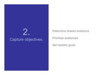 2.             Determine shared ambitions

                      Prioritize audiences
Capture objectives.
                      Set realistic goals
 