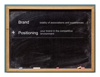 Brand         totality of associations and experiences


                  your brand in the competitive
+   Positioning   environment
 