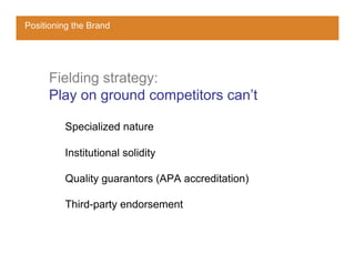 Positioning the Brand




     Fielding strategy:
     Play on ground competitors can’t

         Specialized nature

         Institutional solidity

         Quality guarantors (APA accreditation)

         Third-party endorsement
 