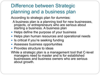 Difference between Strategic
planning and a business plan
According to strategic plan for dummies:
A business plan is a planning tool for new businesses,
projects, or entrepreneurs who are serious about
starting a business. A business plan
 Helps define the purpose of your business
 Helps plan human resources and operational needs
 Is critical if you’re seeking funding
 Assesses business opportunities
 Provides structure to ideas
While a strategic plan is a management tool that C-level
managers need to master and is for established
businesses and business owners who are serious
about growth.
 
