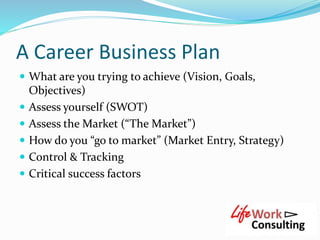 A Career Business Plan
 What are you trying to achieve (Vision, Goals,
Objectives)
 Assess yourself (SWOT)
 Assess the Market (“The Market”)
 How do you “go to market” (Market Entry, Strategy)
 Control & Tracking
 Critical success factors
 