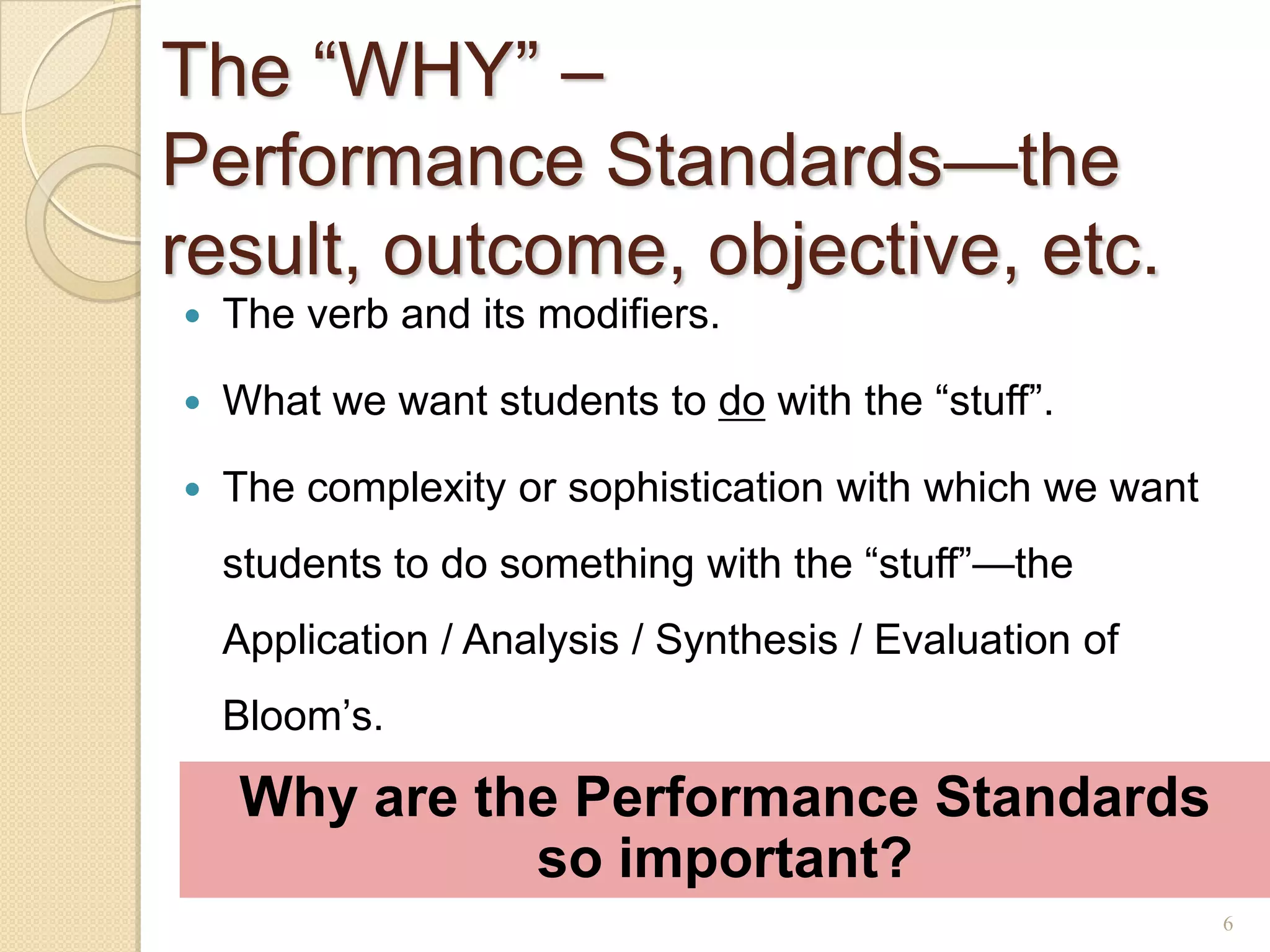 The ―WHY‖ –
Performance Standards—the
result, outcome, objective, etc.
   The verb and its modifiers.

   What we want students to do with the ―stuff‖.

   The complexity or sophistication with which we want
    students to do something with the ―stuff‖—the
    Application / Analysis / Synthesis / Evaluation of
    Bloom’s.

    Why are the Performance Standards
              so important?
                                                          6
 
