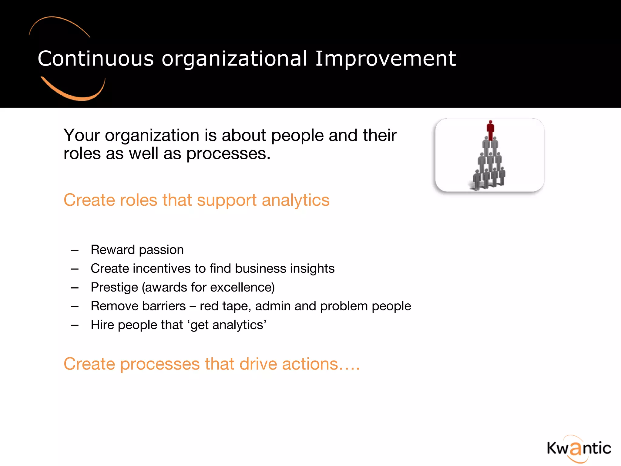 Continuous organizational Improvement Your organization is about people and their roles as well as processes.  Create roles that support analytics Reward passion Create incentives to find business insights Prestige (awards for excellence) Remove barriers – red tape, admin and problem people Hire people that ‘get analytics’ Create processes that drive actions…. 