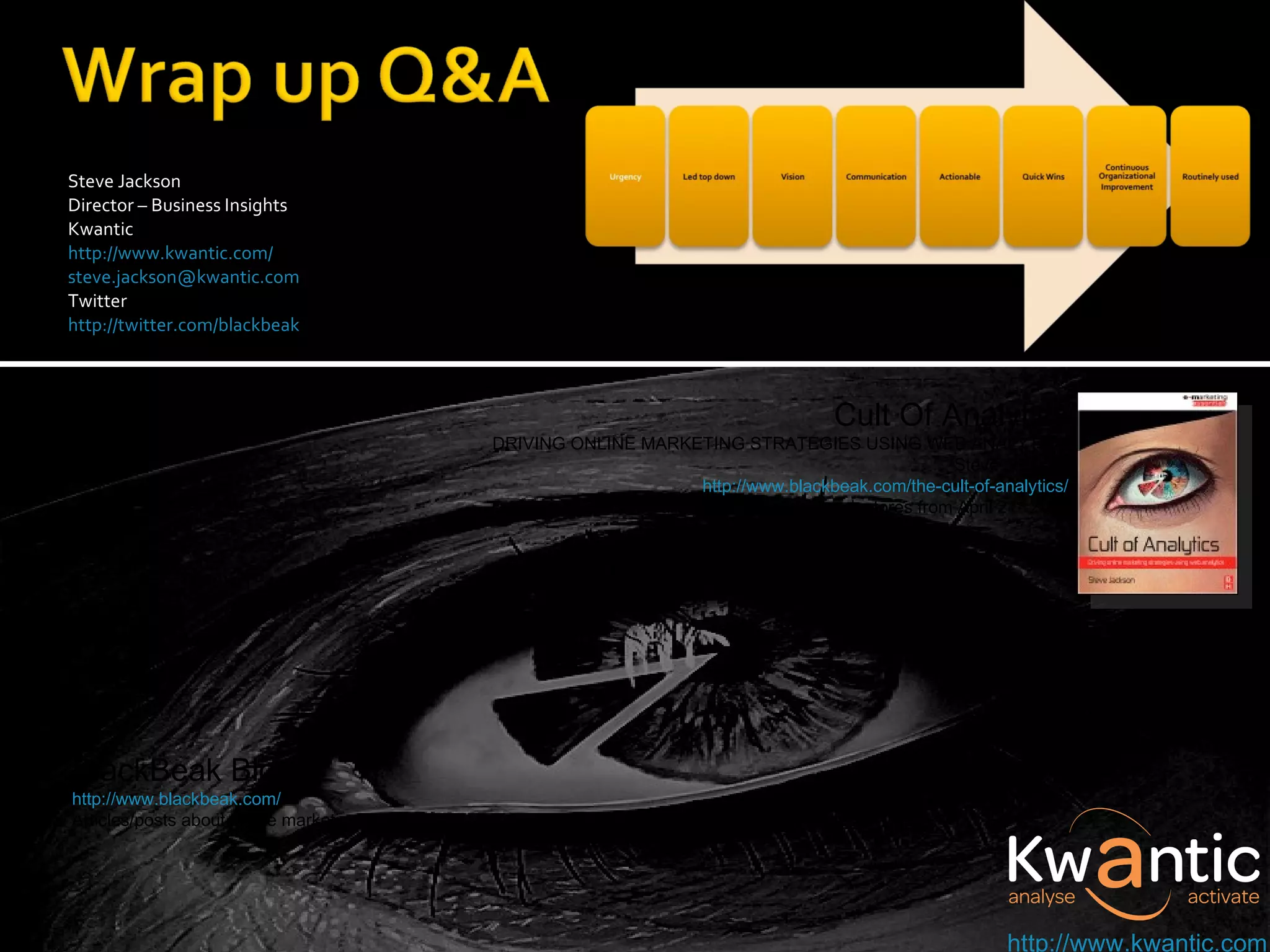 Steve Jackson  Director – Business Insights Kwantic http://www.kwantic.com/ [email_address] Twitter http://twitter.com/blackbeak Cult Of Analytics DRIVING ONLINE MARKETING STRATEGIES USING WEB ANALYTICS Steve Jackson http://www.blackbeak.com/the-cult-of-analytics/ Available from all good book stores from April 21 st  2009 BlackBeak Blog http://www.blackbeak.com/ Articles/posts about online marketing and Analytics http://www.kwantic.com 