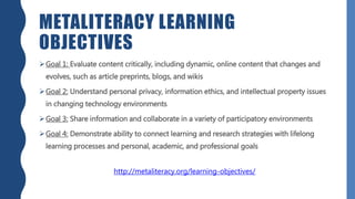 METALITERACY LEARNING
OBJECTIVES
Goal 1: Evaluate content critically, including dynamic, online content that changes and
evolves, such as article preprints, blogs, and wikis
Goal 2: Understand personal privacy, information ethics, and intellectual property issues
in changing technology environments
Goal 3: Share information and collaborate in a variety of participatory environments
Goal 4: Demonstrate ability to connect learning and research strategies with lifelong
learning processes and personal, academic, and professional goals
http://metaliteracy.org/learning-objectives/
 