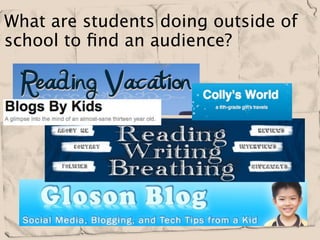 What are students doing outside of
school to ﬁnd an audience?




          
 