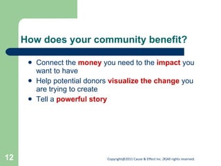 How does your community benefit? Connect the  money  you need to the  impact  you want to have Help potential donors  visualize the change  you are trying to create Tell a  powerful   story 