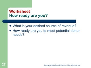 Worksheet How ready are you? What is your desired source of revenue? How ready are you to meet potential donor needs? 
