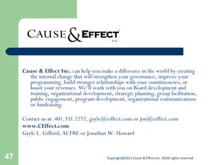 Cause & Effect Inc.  can help you make a difference in the world by creating the internal change that will strengthen your governance, improve your programming, build stronger relationships with your constituencies, or boost your revenues. We’ll work with you on Board development and training, organizational development, strategic planning, group facilitation, public engagement, program development, organizational communications or fundraising. Contact us at: 401.331.2272,  [email_address]  or  [email_address] www.CEffect.com Gayle L. Gifford, ACFRE or Jonathan W. Howard 