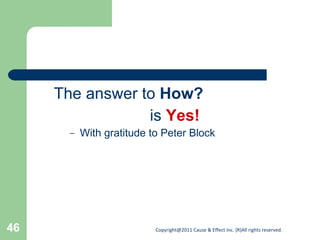 <ul><li>The answer to  How?   </li></ul><ul><li>is  Yes! </li></ul><ul><ul><li>With gratitude to Peter Block </li></ul></ul>