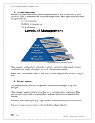 CIPDM Training/Induction Ceremony Lecture|
14 | P a g e
CIPDM……Mark of Professionalism
B. Levels of Management
In other to fully understand where types of management come to play, it is necessary to quick
discuss the levels of management that are present in organisations. Most organizations have three
management levels:
• Low-level managers;
• Middle-level managers; and
• Top-level managers.
These managers are classified in a hierarchy of authority and perform different tasks. In many
organizations, the number of managers in every level resembles a pyramid.
Below, you’ll find the specifications of each level’s different responsibilities and their likely job
titles.
1. Top-level managers
The board of directors, president, vice-president, and CEO are all examples of top-level
managers.
These managers are responsible for controlling and overseeing the entire organization. They
develop goals, strategic plans, company policies, and make decisions on the direction of the
business.
In addition, top-level managers play a significant role in the mobilization of outside resources.
Top-level managers are accountable to the shareholders and general public.
 