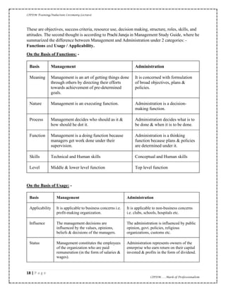 CIPDM Training/Induction Ceremony Lecture|
18 | P a g e
CIPDM……Mark of Professionalism
These are objectives, success criteria, resource use, decision making, structure, roles, skills, and
attitudes. The second thought is according to Prachi Juneja in Management Study Guide, where he
summarized the difference between Management and Administration under 2 categories: -
Functions and Usage / Applicability.
On the Basis of Functions: -
Basis Management Administration
Meaning Management is an art of getting things done
through others by directing their efforts
towards achievement of pre-determined
goals.
It is concerned with formulation
of broad objectives, plans &
policies.
Nature Management is an executing function. Administration is a decision-
making function.
Process Management decides who should as it &
how should he dot it.
Administration decides what is to
be done & when it is to be done.
Function Management is a doing function because
managers get work done under their
supervision.
Administration is a thinking
function because plans & policies
are determined under it.
Skills Technical and Human skills Conceptual and Human skills
Level Middle & lower level function Top level function
On the Basis of Usage: -
Basis Management Administration
Applicability It is applicable to business concerns i.e.
profit-making organization.
It is applicable to non-business concerns
i.e. clubs, schools, hospitals etc.
Influence The management decisions are
influenced by the values, opinions,
beliefs & decisions of the managers.
The administration is influenced by public
opinion, govt. policies, religious
organizations, customs etc.
Status Management constitutes the employees
of the organization who are paid
remuneration (in the form of salaries &
wages).
Administration represents owners of the
enterprise who earn return on their capital
invested & profits in the form of dividend.
 