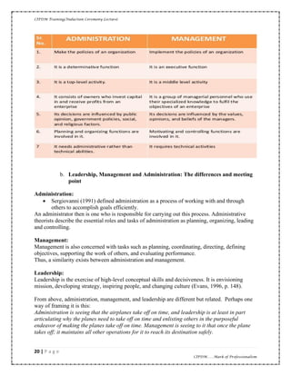 CIPDM Training/Induction Ceremony Lecture|
20 | P a g e
CIPDM……Mark of Professionalism
b. Leadership, Management and Administration: The differences and meeting
point
Administration:
• Sergiovanni (1991) defined administration as a process of working with and through
others to accomplish goals efficiently.
An administrator then is one who is responsible for carrying out this process. Administrative
theorists describe the essential roles and tasks of administration as planning, organizing, leading
and controlling.
Management:
Management is also concerned with tasks such as planning, coordinating, directing, defining
objectives, supporting the work of others, and evaluating performance.
Thus, a similarity exists between administration and management.
Leadership:
Leadership is the exercise of high-level conceptual skills and decisiveness. It is envisioning
mission, developing strategy, inspiring people, and changing culture (Evans, 1996, p. 148).
From above, administration, management, and leadership are different but related. Perhaps one
way of framing it is this:
Administration is seeing that the airplanes take off on time, and leadership is at least in part
articulating why the planes need to take off on time and enlisting others in the purposeful
endeavor of making the planes take off on time. Management is seeing to it that once the plane
takes off; it maintains all other operations for it to reach its destination safely.
 