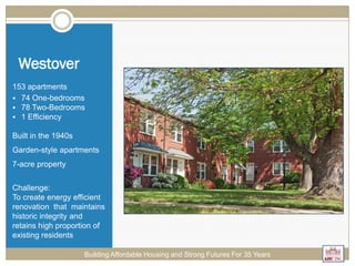 Westover
153 apartments
 74 One-bedrooms
 78 Two-Bedrooms
 1 Efficiency
Built in the 1940s
Garden-style apartments
7-acre property
Challenge:
To create energy efficient
renovation that maintains
historic integrity and
retains high proportion of
existing residents
Building Affordable Housing and Strong Futures For 35 Years
 