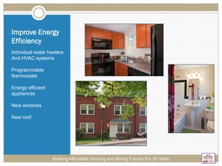 Improve Energy
Efficiency
Individual water heaters
And HVAC systems
Programmable
thermostats
Energy efficient
appliances
New windows
New roof
Building Affordable Housing and Strong Futures For 35 Years
 