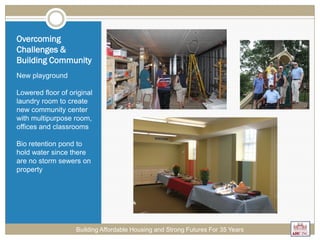 Overcoming
Challenges &
Building Community
New playground
Lowered floor of original
laundry room to create
new community center
with multipurpose room,
offices and classrooms
Bio retention pond to
hold water since there
are no storm sewers on
property
Building Affordable Housing and Strong Futures For 35 Years
 