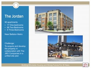 The Jordan
90 apartments
 17 One-bedrooms
 68 Two-Bedrooms
 5 Three-Bedrooms
Near Ballston Metro
Challenge:
To acquire and develop
the property in
collaboration with The
JBG Companies in a
unified site plan
Building Affordable Housing and Strong Futures For 35 Years
 