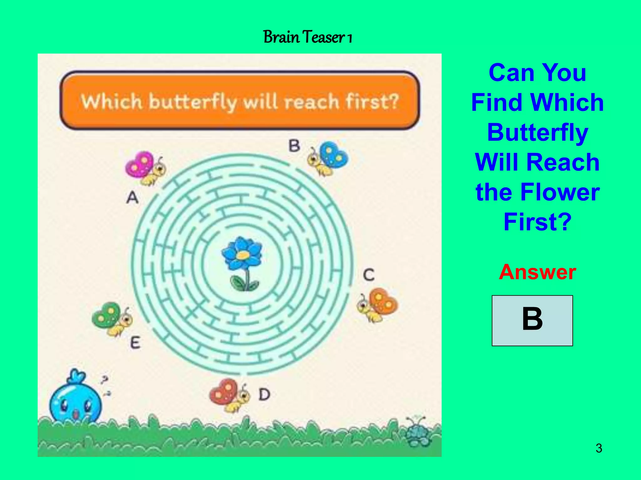 3
BrainTeaser 1
Can You
Find Which
Butterfly
Will Reach
the Flower
First?
Answer
B
 
