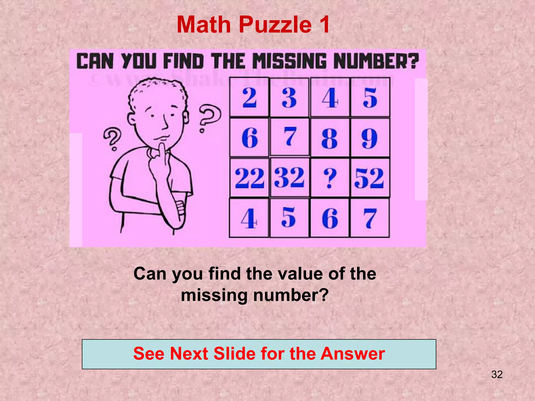 32
Math Puzzle 1
See Next Slide for the Answer
Can you find the value of the
missing number?
 