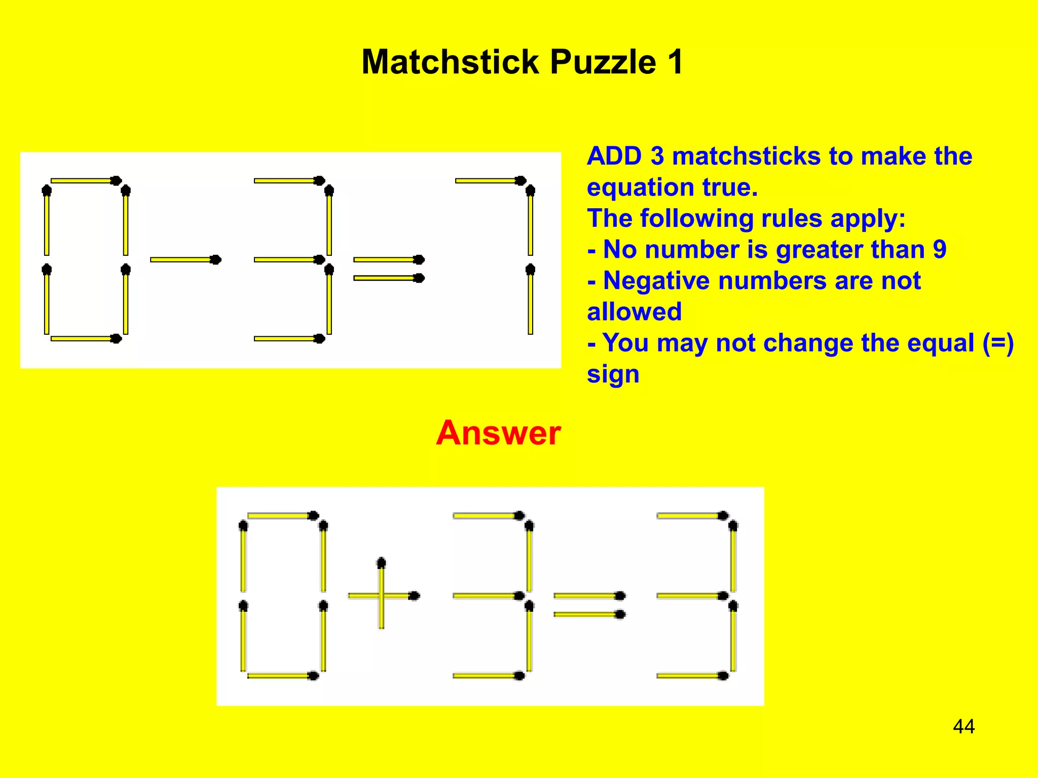 44
Matchstick Puzzle 1
Answer
ADD 3 matchsticks to make the
equation true.
The following rules apply:
- No number is greater than 9
- Negative numbers are not
allowed
- You may not change the equal (=)
sign
 
