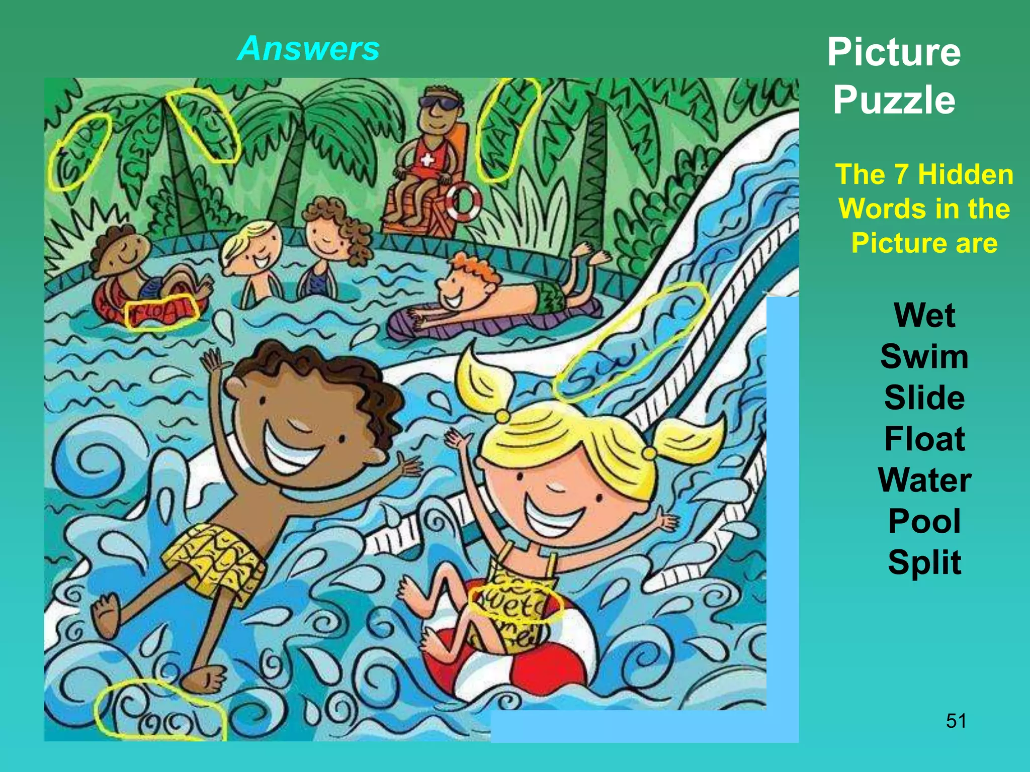 51
Picture
Puzzle
The 7 Hidden
Words in the
Picture are
Wet
Swim
Slide
Float
Water
Pool
Split
Answers
 