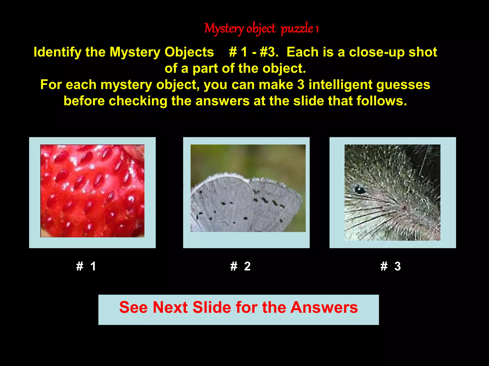 8
Mystery object puzzle1
See Next Slide for the Answers
Identify the Mystery Objects # 1 - #3. Each is a close-up shot
of a part of the object.
For each mystery object, you can make 3 intelligent guesses
before checking the answers at the slide that follows.
# 1 # 2 # 3 # 4
# 1 # 2 # 3
 