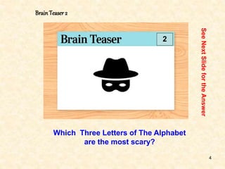 4
BrainTeaser 2
2
Which Three Letters of The Alphabet
are the most scary?
See
Next
Slide
for
the
Answer
 