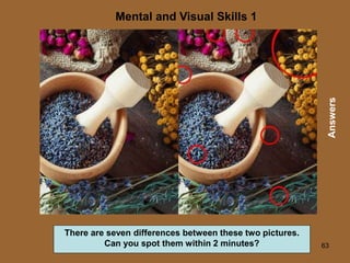 63
Mental and Visual Skills 1
Answers
There are seven differences between these two pictures.
Can you spot them within 2 minutes?
 