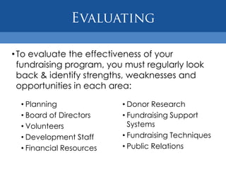• To evaluate the effectiveness of your
  fundraising program, you must regularly look
  back & identify strengths, weaknesses and
  opportunities in each area:

  • Planning              • Donor Research
  • Board of Directors    • Fundraising Support
  • Volunteers              Systems
  • Development Staff     • Fundraising Techniques
  • Financial Resources   • Public Relations
 