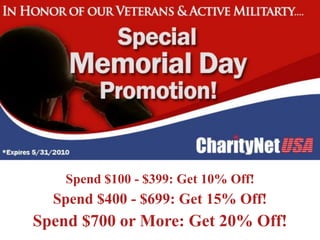 Spend $100 - $399: Get 10% Off!
  Spend $400 - $699: Get 15% Off!
Spend $700 or More: Get 20% Off!
 