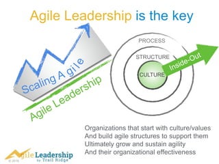 © 2016
Agile Leadership is the key
CULTURE
STRUCTURE
PROCESS
Organizations that start with culture/values
And build agile structures to support them
Ultimately grow and sustain agility
And their organizational effectiveness
 