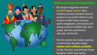 Memahami dan Melakukan Perubahan Budaya
• Bisa dengan menggunakan instrumen
kuantitatif maupun kualitatif dalam
membantu pemimpin memahami style dan
pengaruh isu-isu perilaku (behavior) yang
mengalir ke dalam budaya organisasi,
seperti menggunakan communication skill,
teaming processes, feedback loops, focus
groups, interview, questionnaires,
obsevation, dan lain-lain.
• Hasil dari penilaian akan budaya organisasi
ini nantinya akan digunakan sebagai
landasan untuk melakukan perubahan
strategi, khususnya yang berkenaan dengan
keragaman sumber daya manusia.
 