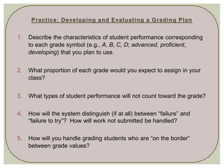 1
Practice: Developing and Evaluating a Grading Plan
1. Describe the characteristics of student performance corresponding
to each grade symbol (e.g., A, B, C, D; advanced, proficient,
developing) that you plan to use.
2. What proportion of each grade would you expect to assign in your
class?
3. What types of student performance will not count toward the grade?
4. How will the system distinguish (if at all) between “failure” and
“failure to try”? How will work not submitted be handled?
5. How will you handle grading students who are “on the border”
between grade values?
 