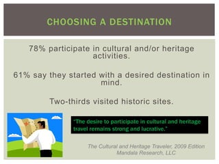 CHOOSING A DESTINATION

   78% participate in cultural and/or heritage
                   activities.

61% say they started with a desired destination in
                     mind.

         Two-thirds visited historic sites.

               “The desire to participate in cultural and heritage
               travel remains strong and lucrative.”

                    The Cultural and Heritage Traveler, 2009 Edition
                               Mandala Research, LLC
 