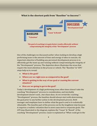 8
What is the shortest path from “Baseline” to Success”?
One of the challenges we discussed earlier when looking to develop a high
performing team is the amount of time and energy it takes to execute. An
important objective of building any personnel development process is to
efficiently get the team up and running without compromising the integrity of
the “Development” process. The depiction above illustrates the areas that
require the most attention in the process or vehicle. The “Baseline” & “GPS”
steps help us to reveal:
• What is the goal?
• Where are we right now as compared to the goal?
• What is getting in the way of our goal or causing the current
situation?
• How are we going to get to the goal?
Today’s development of a high performing team often times doesn’t take the
coaching “Development” process in consideration, and inevitably
development doesn’t exist…but chaos does. As we revisit the coaching
“Development” process, the baseline should always start with determining
the goal prior to any further action in the development process. Both
manager and employee have to define what the goal is and is it realistically
obtainable. The baseline part of the process can be the lengthiest step because
it requires a realistic valuation that in most cases tied to corporate goals. The
GPS step illustrated in the diagram explains the “Cause” & “Result” of the
coaching “Development” process. Cause is explained as “What could get in the
BASELINE
GPS
SUCCESS
“Cause” & Result”
“Development Goal”
“Valuation”
The goal of coaching is to gain better results efficiently without
compromising the integrity of the “Development” process.
 
