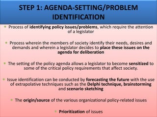 Process of identifying policy issues/problems, which require the attention
of a legislator
 Process wherein the members of society identify their needs, desires and
demands and wherein a legislator decides to place these issues on the
agenda for deliberation
 The setting of the policy agenda allows a legislator to become sensitized to
some of the critical policy requirements that affect society.
 Issue identification can be conducted by forecasting the future with the use
of extrapolative techniques such as the Delphi technique, brainstorming
and scenario sketching
 The origin/source of the various organizational policy-related issues
 Prioritization of issues
STEP 1: AGENDA-SETTING/PROBLEM
IDENTIFICATION
 