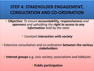  Objective: To ensure accountability, responsiveness and
openness and upholding the right to access to any
information held by the state
 Constant interaction with society
 Extensive consultation and co-ordination between the various
stakeholders
 Interest groups e.g. civic society; associations and lobbyists
 Public participation
STEP 4: STAKEHOLDER ENGAGEMENT,
CONSULTATION AND CO-ORDINATION
 