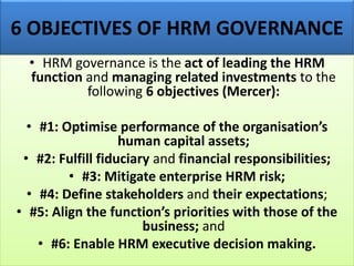 6 OBJECTIVES OF HRM GOVERNANCE
• HRM governance is the act of leading the HRM
function and managing related investments to the
following 6 objectives (Mercer):
• #1: Optimise performance of the organisation’s
human capital assets;
• #2: Fulfill fiduciary and financial responsibilities;
• #3: Mitigate enterprise HRM risk;
• #4: Define stakeholders and their expectations;
• #5: Align the function’s priorities with those of the
business; and
• #6: Enable HRM executive decision making.
 
