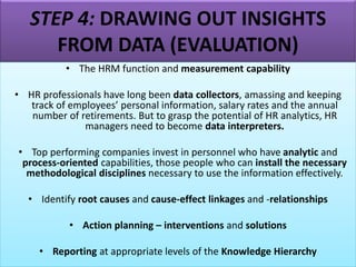STEP 4: DRAWING OUT INSIGHTS
FROM DATA (EVALUATION)
• The HRM function and measurement capability
• HR professionals have long been data collectors, amassing and keeping
track of employees’ personal information, salary rates and the annual
number of retirements. But to grasp the potential of HR analytics, HR
managers need to become data interpreters.
• Top performing companies invest in personnel who have analytic and
process-oriented capabilities, those people who can install the necessary
methodological disciplines necessary to use the information effectively.
• Identify root causes and cause-effect linkages and -relationships
• Action planning – interventions and solutions
• Reporting at appropriate levels of the Knowledge Hierarchy
 