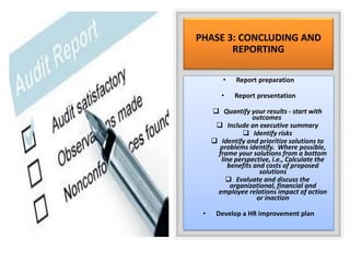 PHASE 3: CONCLUDING AND
REPORTING
• Report preparation
• Report presentation
❑ Quantify your results - start with
outcomes
❑ Include an executive summary
❑ Identify risks
❑ Identify and prioritize solutions to
problems identify. Where possible,
frame your solutions from a bottom
line perspective, i.e., Calculate the
benefits and costs of proposed
solutions
❑ Evaluate and discuss the
organizational, financial and
employee relations impact of action
or inaction
• Develop a HR improvement plan
 