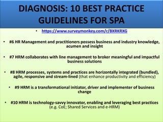 DIAGNOSIS: 10 BEST PRACTICE
GUIDELINES FOR SPA
• https://www.surveymonkey.com/r/BXRKRXG
• #6 HR Management and practitioners possess business and industry knowledge,
acumen and insight
• #7 HRM collaborates with line management to broker meaningful and impactful
business solutions
• #8 HRM processes, systems and practices are horizontally integrated (bundled),
agile, responsive and stream-lined (that enhance productivity and efficiency)
• #9 HRM is a transformational initiator, driver and implementer of business
change
• #10 HRM is technology-savvy innovator, enabling and leveraging best practices
(e.g. CoE; Shared Services and e-HRM)
 