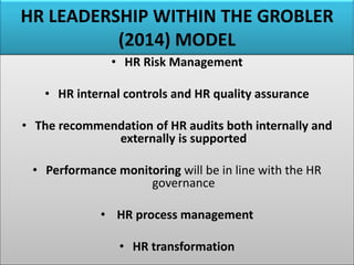 HR LEADERSHIP WITHIN THE GROBLER
(2014) MODEL
• HR Risk Management
• HR internal controls and HR quality assurance
• The recommendation of HR audits both internally and
externally is supported
• Performance monitoring will be in line with the HR
governance
• HR process management
• HR transformation
 