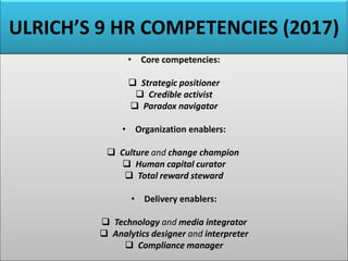 ULRICH’S 9 HR COMPETENCIES (2017)
• Core competencies:
❑ Strategic positioner
❑ Credible activist
❑ Paradox navigator
• Organization enablers:
❑ Culture and change champion
❑ Human capital curator
❑ Total reward steward
• Delivery enablers:
❑ Technology and media integrator
❑ Analytics designer and interpreter
❑ Compliance manager
 